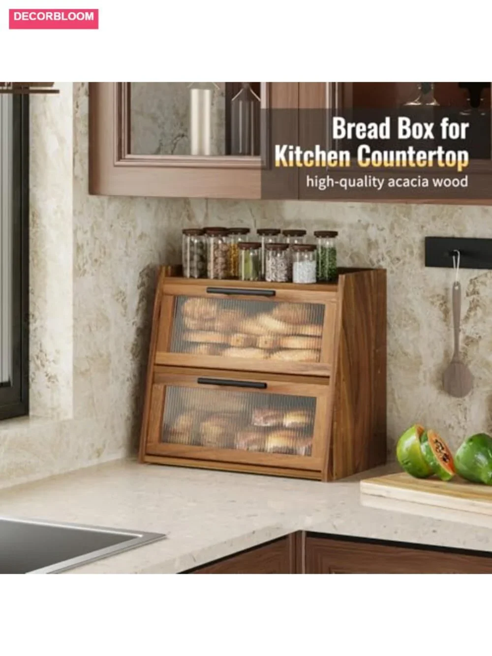 Acacia Wood Double Layer Bread Box with Bronze Handles and Fluted Acrylic Door